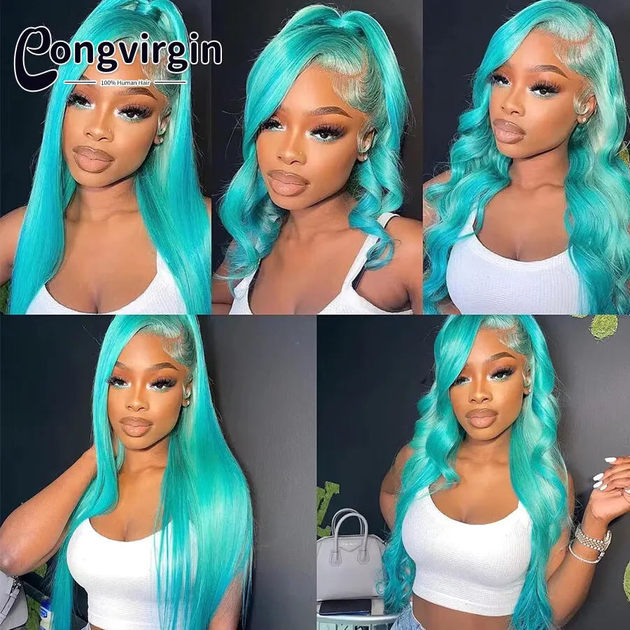 Glueless Green Wig Lace Front Human Hair Wigs Mint Green Straight Transparent Lace Front Human Hair Wigs For Women Pre Plucked