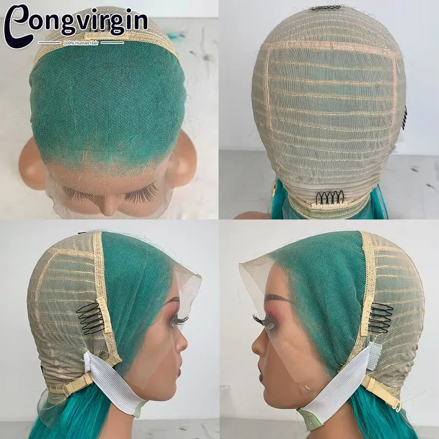 Glueless Green Wig Lace Front Human Hair Wigs Mint Green Straight Transparent Lace Front Human Hair Wigs For Women Pre Plucked
