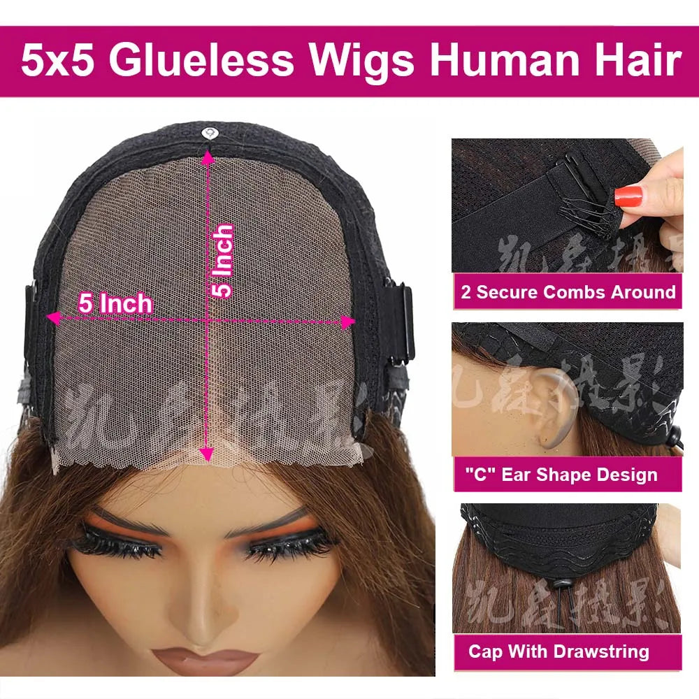 5x5 Chocolate Brown Glueless Straight Human Hair Wig 360 Transparent HD Lace Frontal Pre Plucked Natural Hairline Wig For Women