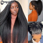 Kinky Straight Human Hair Wig 360 Full HD Lace Frontal Wigs 250% Yaki Straight Human Hair Wig 30 38 Inches High Ponytail On Sale