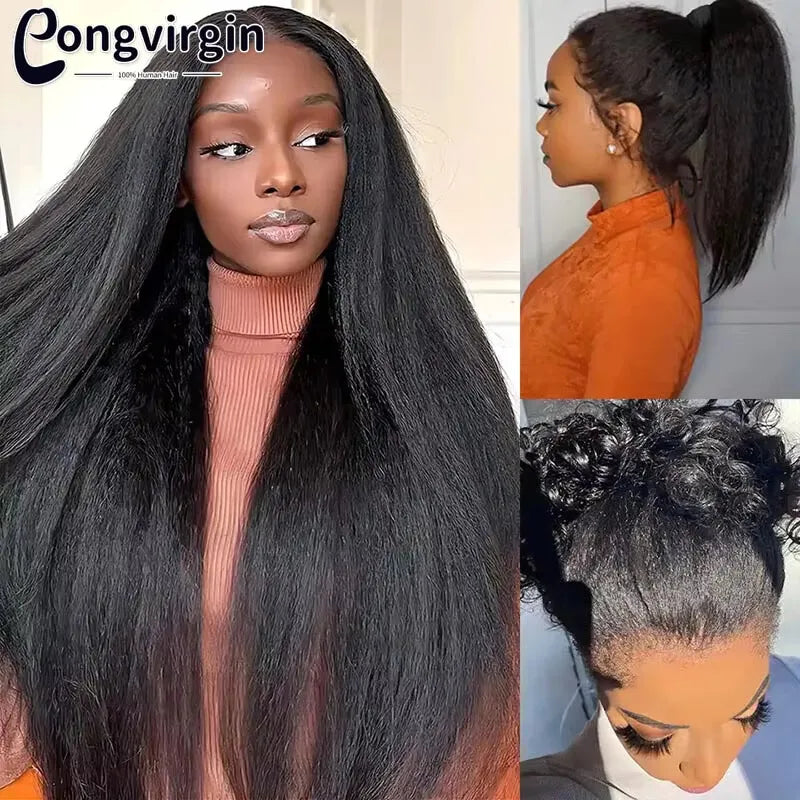 Kinky Straight Human Hair Wig 360 Full HD Lace Frontal Wigs 250% Yaki Straight Human Hair Wig 30 38 Inches High Ponytail On Sale
