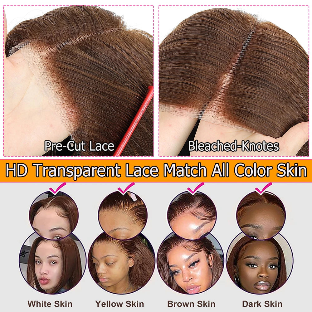 Chocolate Brown Glueless Wigs Human Hair Ready To Wear High Density Lace Wig Bleached Knots Bone Straight Lace Front Wig Pre Cut