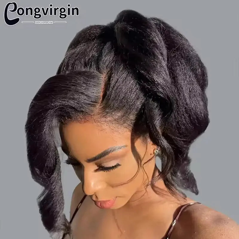 Kinky Straight Human Hair Wig 360 Full HD Lace Frontal Wigs 250% Yaki Straight Human Hair Wig 30 38 Inches High Ponytail On Sale
