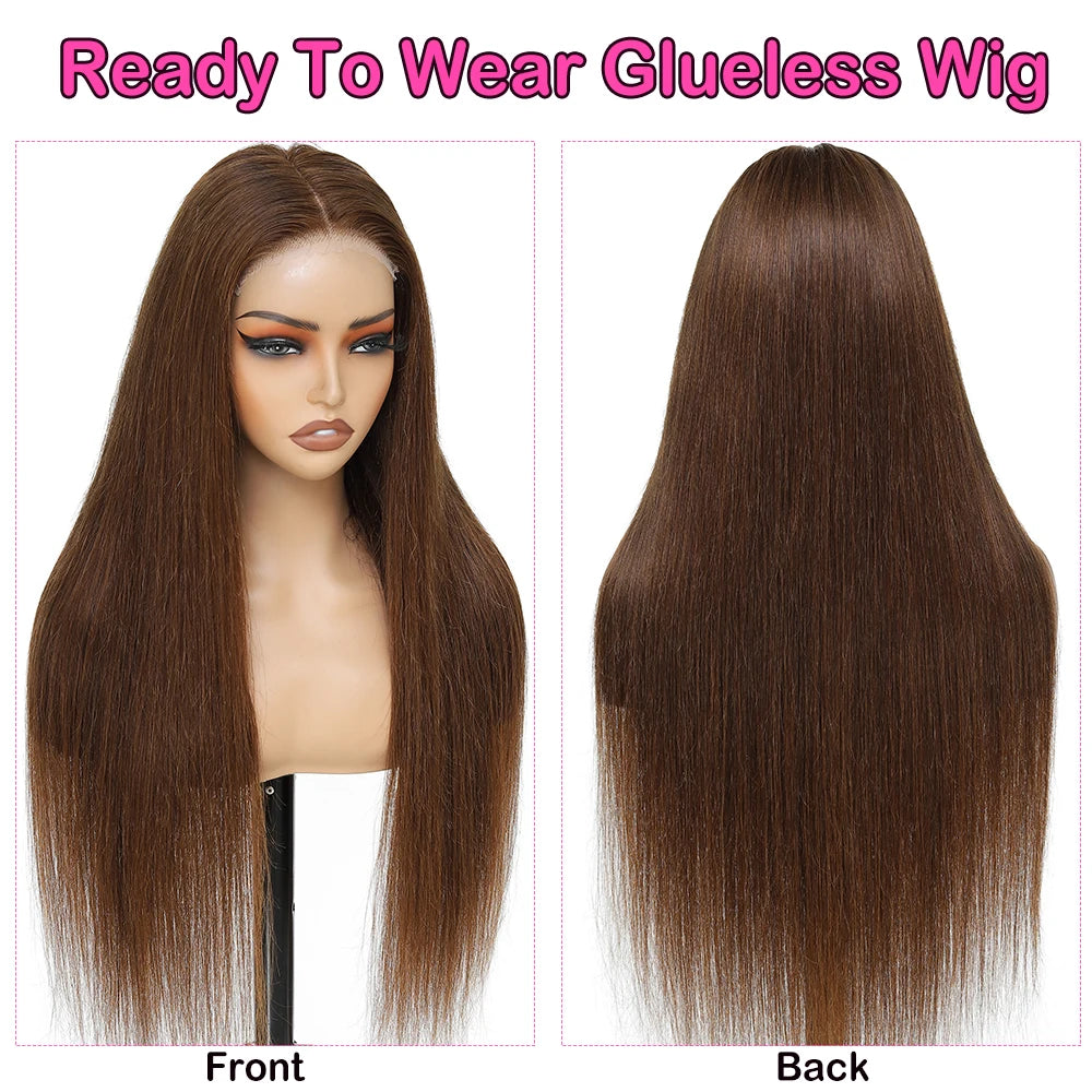 5x5 Chocolate Brown Glueless Straight Human Hair Wig 360 Transparent HD Lace Frontal Pre Plucked Natural Hairline Wig For Women
