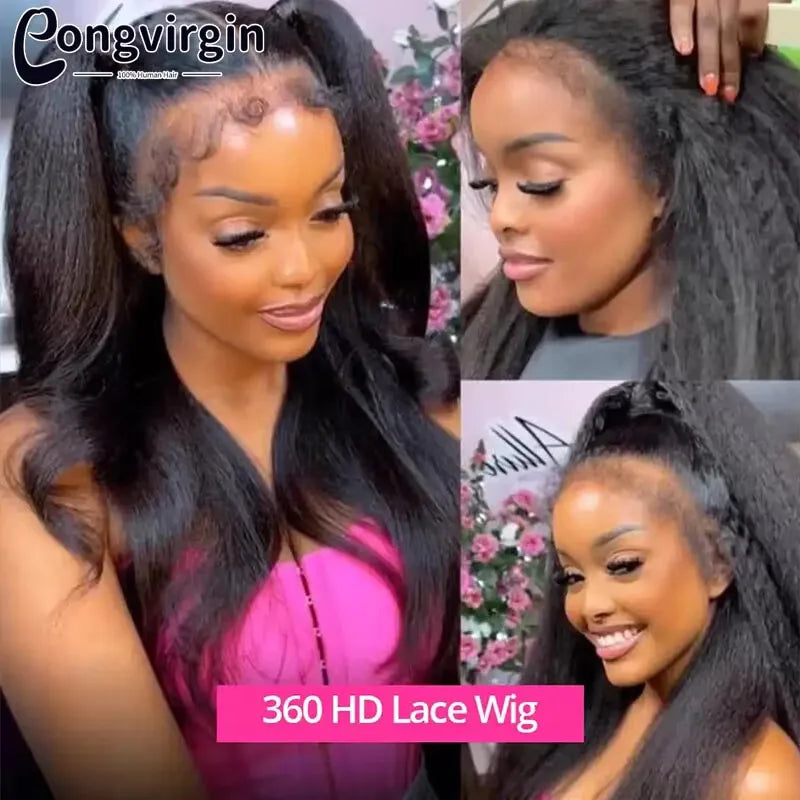 Kinky Straight Human Hair Wig 360 Full HD Lace Frontal Wigs 250% Yaki Straight Human Hair Wig 30 38 Inches High Ponytail On Sale