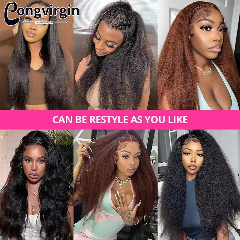 Kinky Straight Human Hair Wig 360 Full HD Lace Frontal Wigs 250% Yaki Straight Human Hair Wig 30 38 Inches High Ponytail On Sale