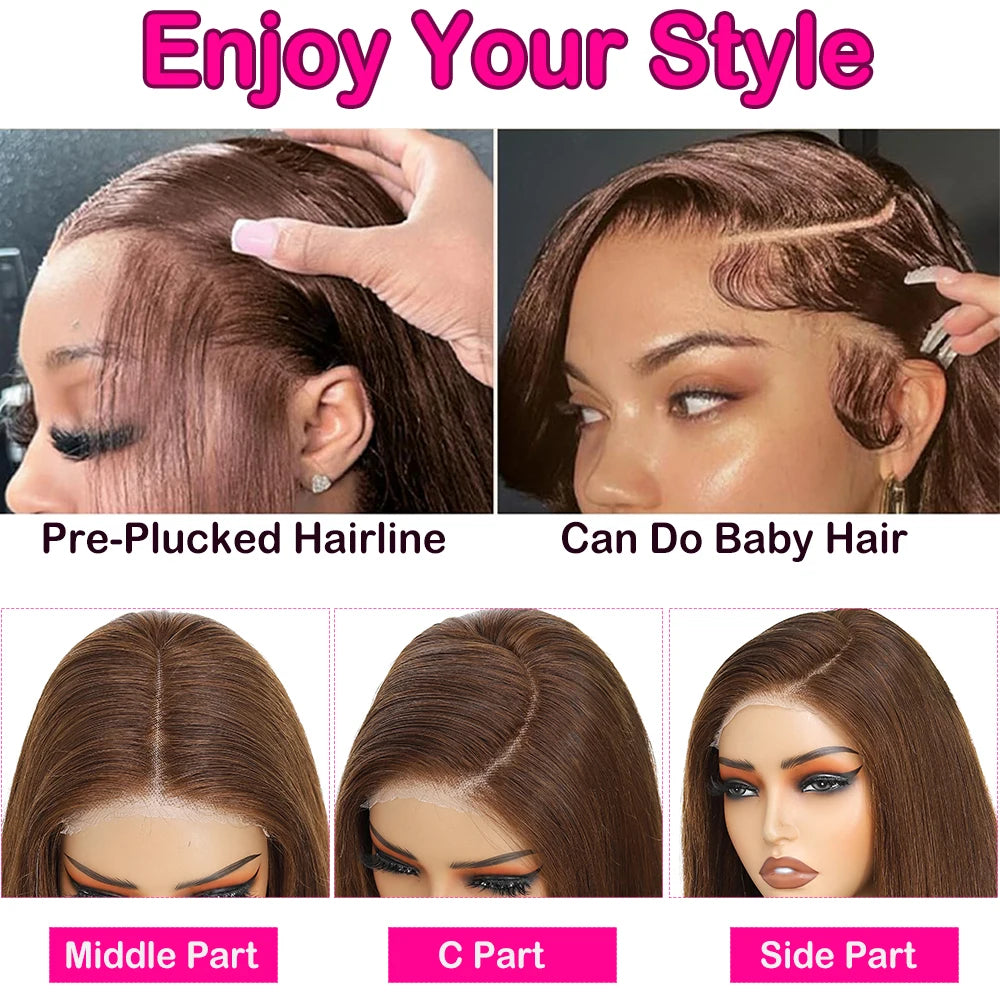 5x5 Chocolate Brown Glueless Straight Human Hair Wig 360 Transparent HD Lace Frontal Pre Plucked Natural Hairline Wig For Women