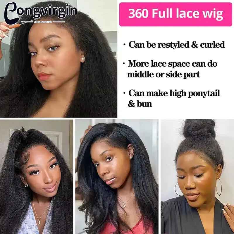 Kinky Straight Human Hair Wig 360 Full HD Lace Frontal Wigs 250% Yaki Straight Human Hair Wig 30 38 Inches High Ponytail On Sale