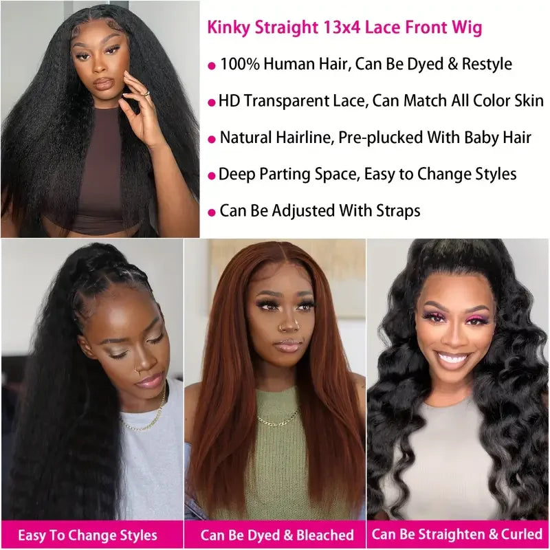 250% 360 Kinky Straight Human Hair Wig PrePlucked13x4 13x6 Hd Transparent Yaki Straight Lace Front Human Hair Wigs For Women